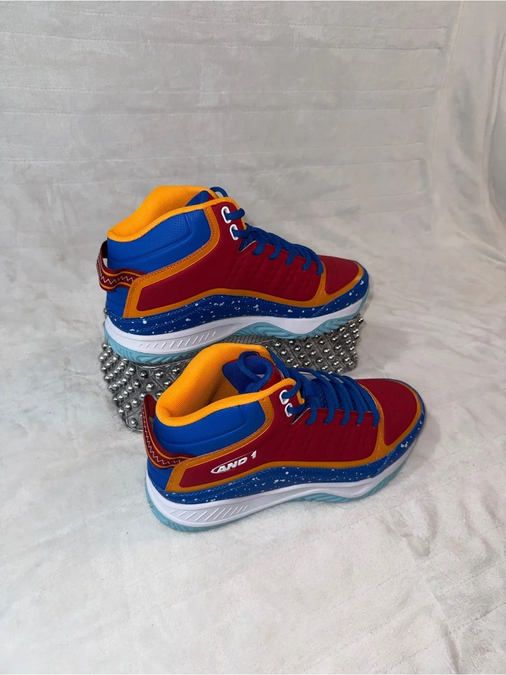 Mens 8.5 or women’s 10, AND1 Red, Blue, White, & Orange, Basketball Shoes.